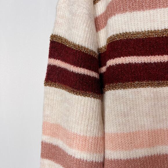 New Skies Are Blue Small S Cream Red Pink Cozy Striped Sweater Round Neck - Picture 7 of 11